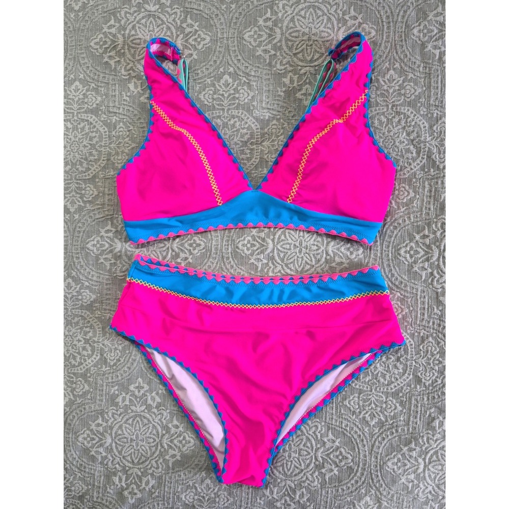 Hilinker Pink Blue Scalloped High Waisted Bikini Set New XL